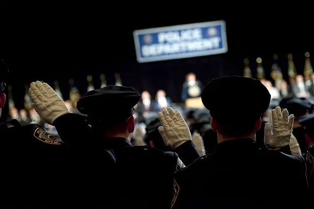 Mayor Bill de Blasio attends and delivers remarks at the NYPD graduation. Madison Square Garden. Thursday, March 30, 2017.
